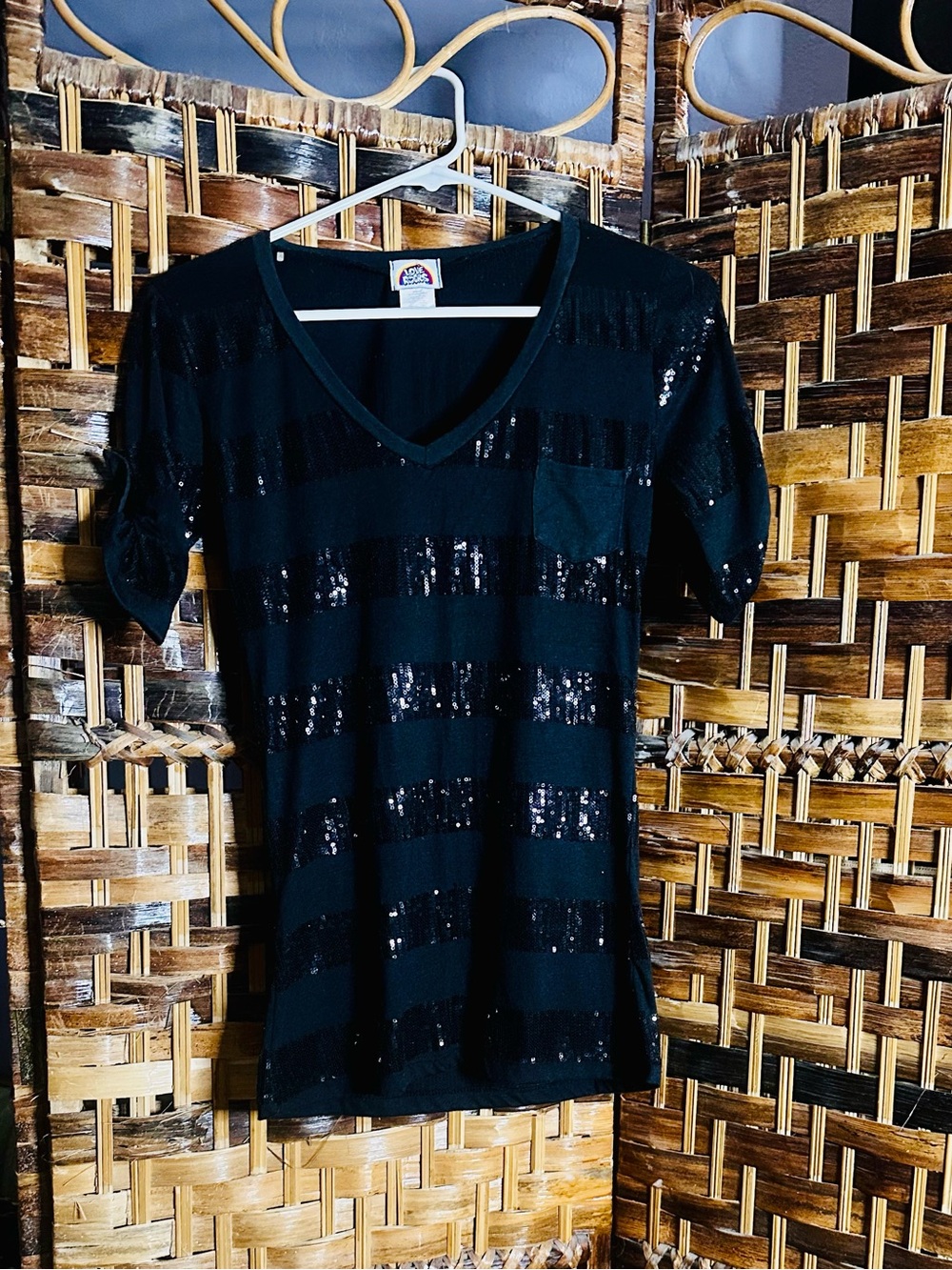 Love Rocks Black V-Neck Short Sleeve Sequin Stripe Top